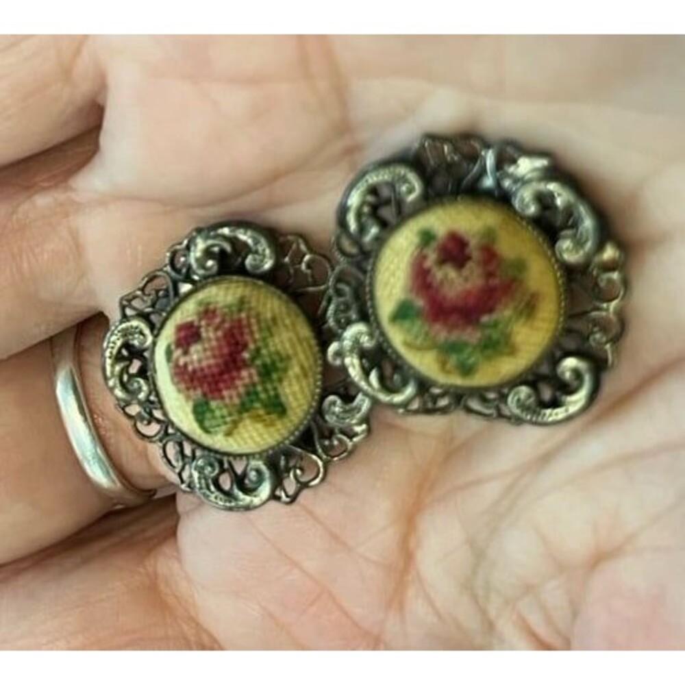 Vintage Needlepoint Petit point Cottage Core Roses Clip on Earrings Filigree